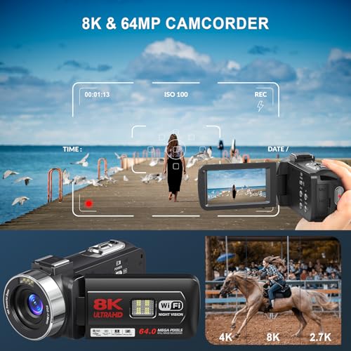 8K Video Camera Camcorder, 64MP IR Night Vision, 18X Zoom WiFi Digital Touch Screen I158