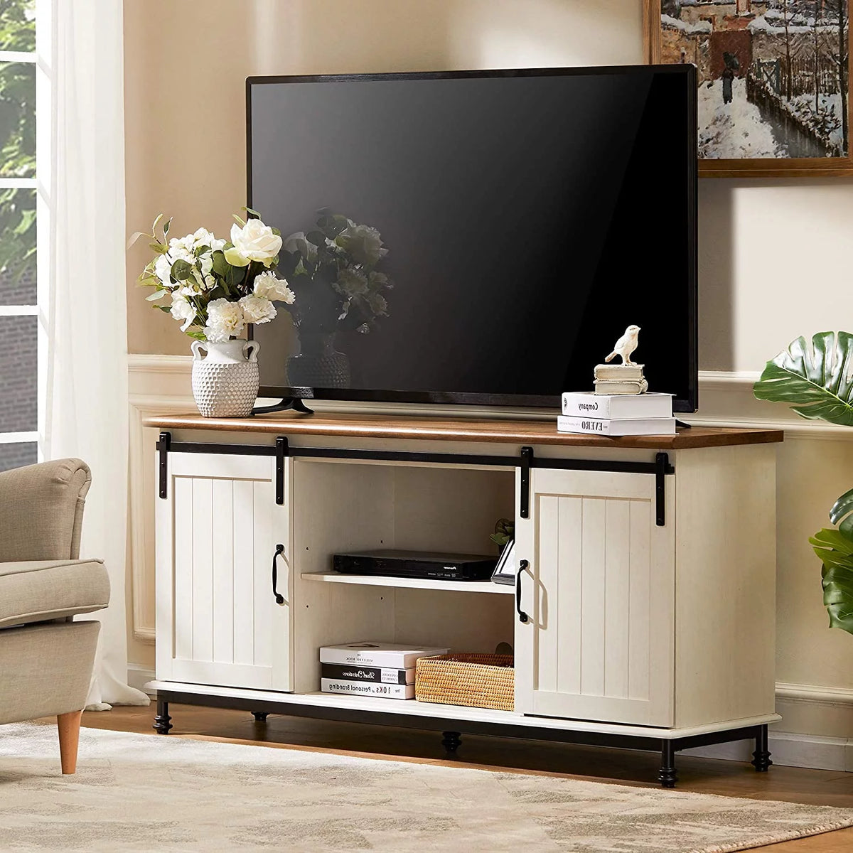 White Wood TV Stand with Sliding Barn Door W35966