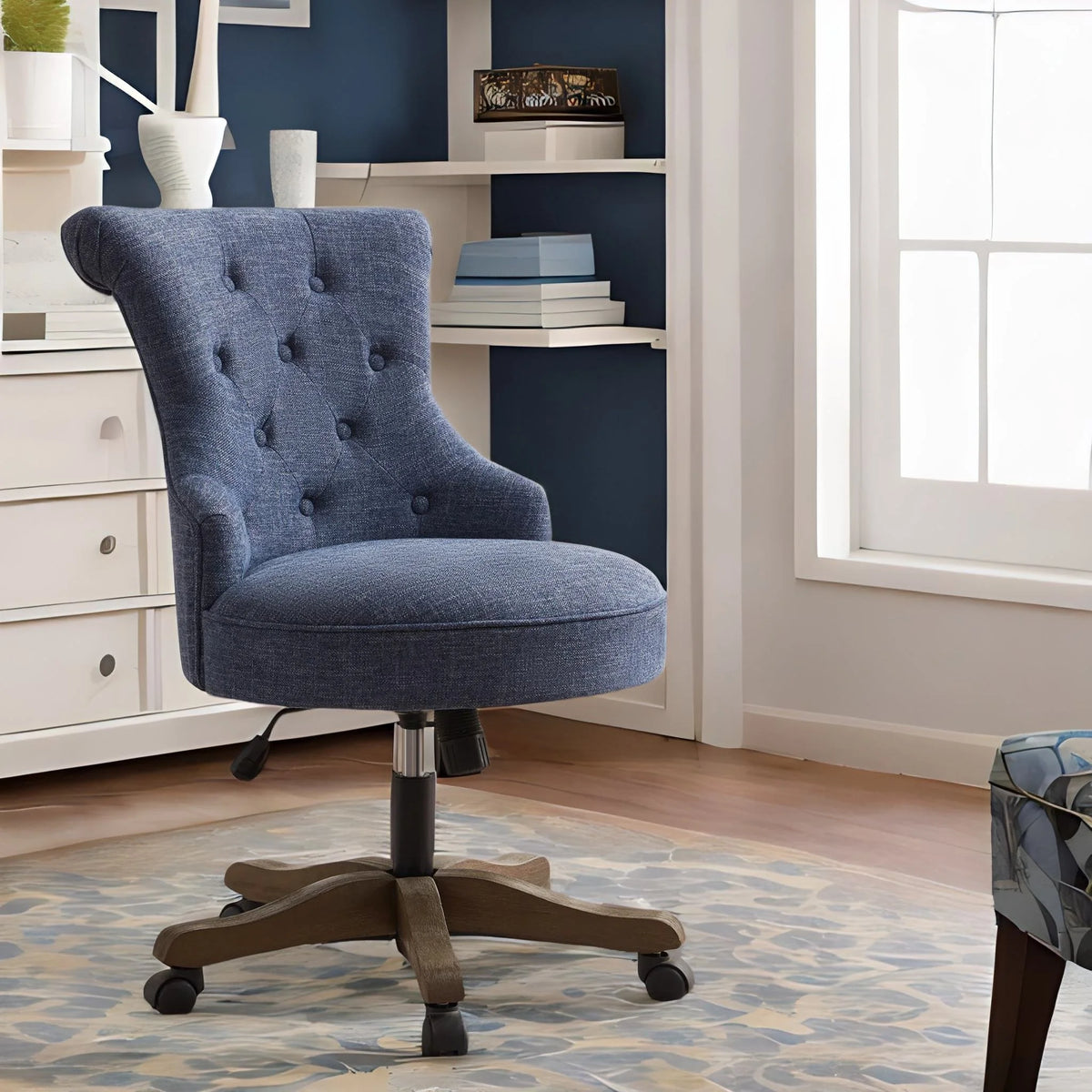 Blue Linen Fabric Swivel Office Chair with Wheels Z36642