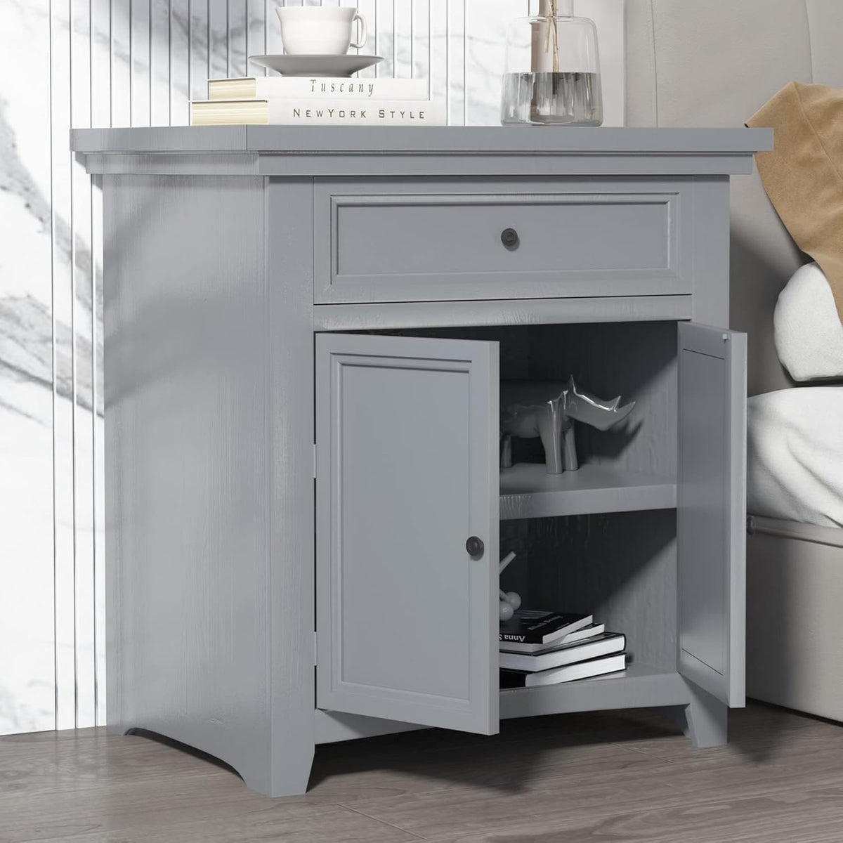 Grey 1 Drawer Wood Nightstand J747