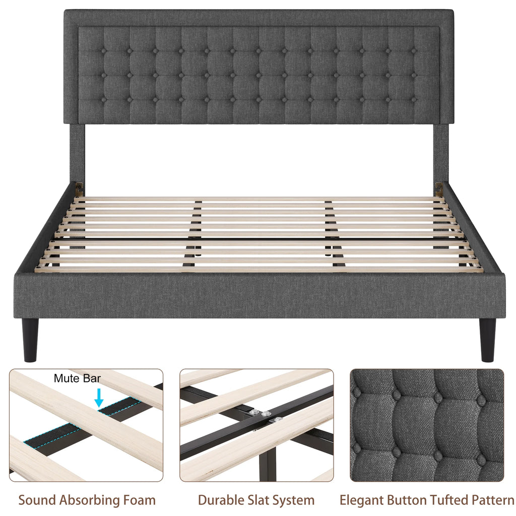 King Size Gray Linen Fabric Upholstered Bed Frame X259