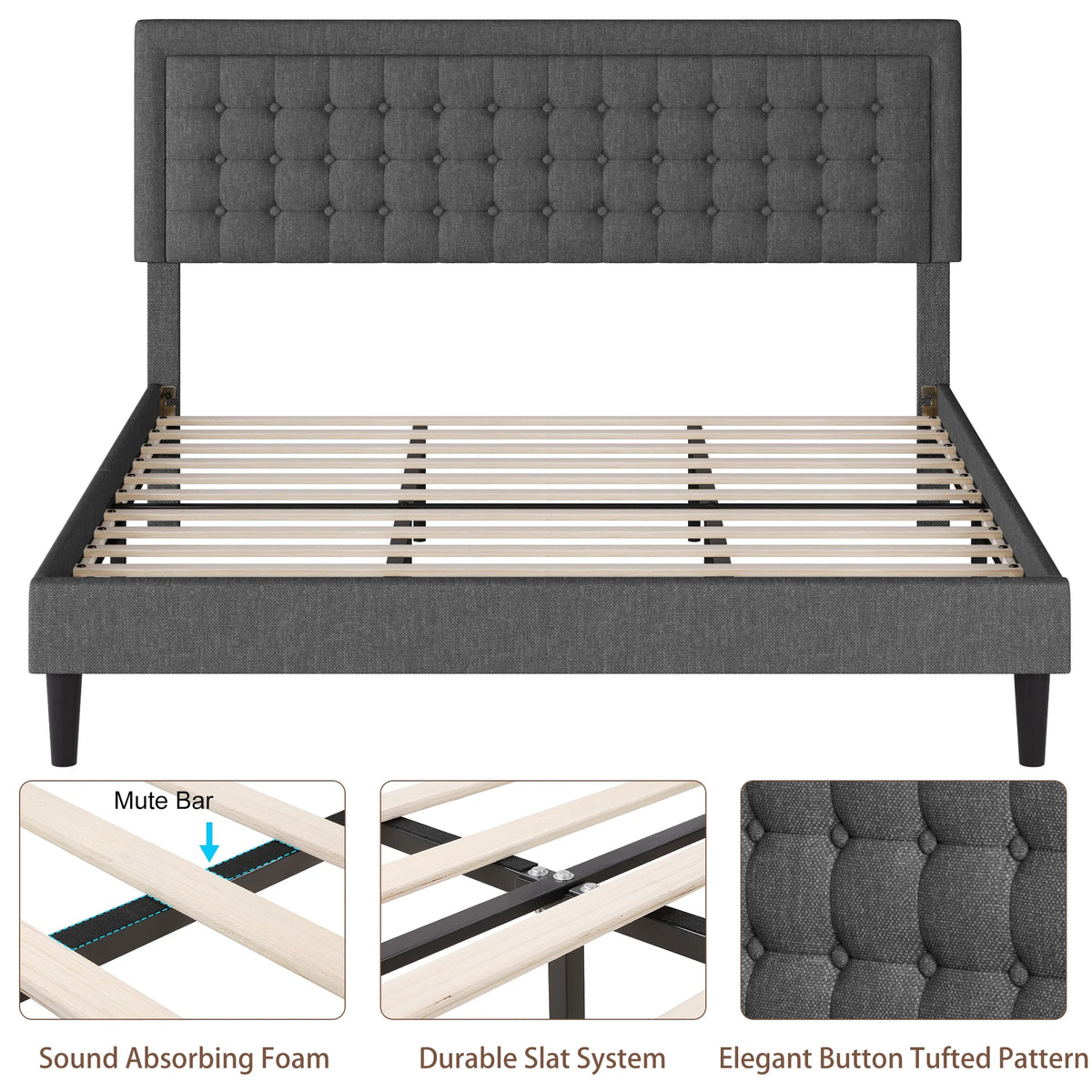 King Size Gray Linen Fabric Upholstered Bed Frame X259