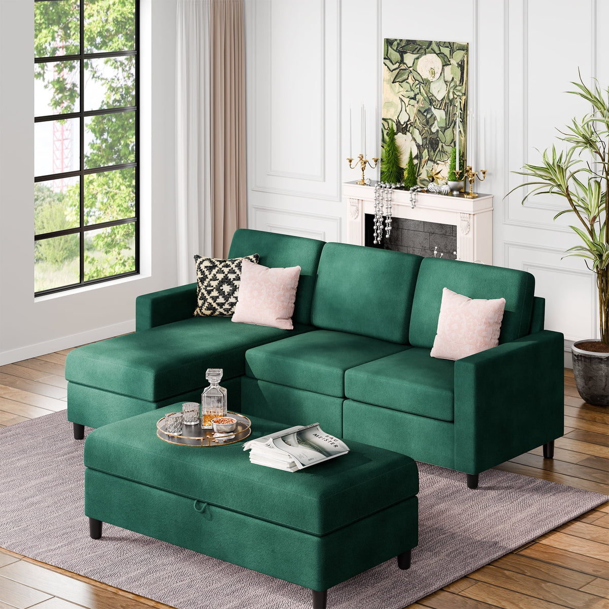 L Shaped 4 Seat Sectional Sofa with Storage Ottoman P3590