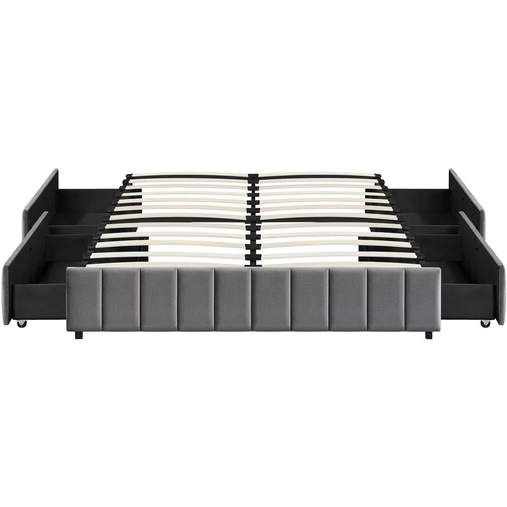 Queen Size Upholstered Bed Frame with 4 Storage Drawers, Beige V593666