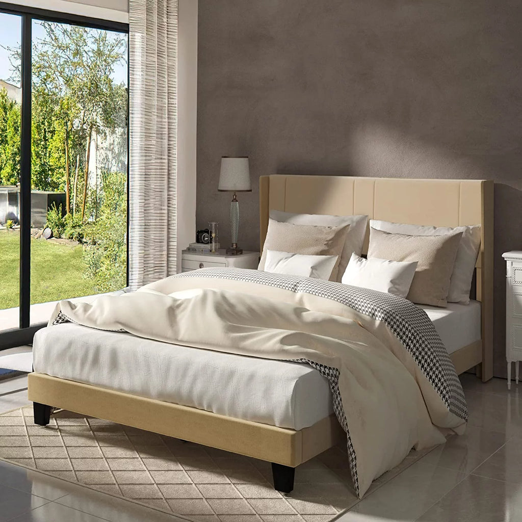 Beige Velvet Upholstered Queen Size Platform Bed Frame H524