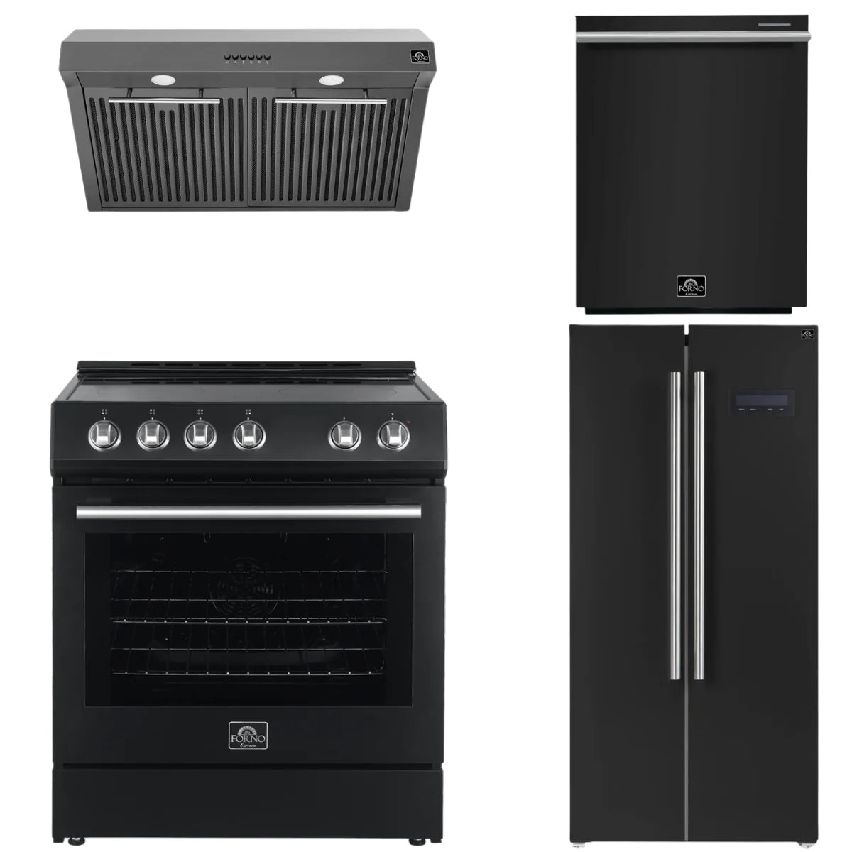30 Electric Range, Range Hood, Refrigerator and Dishwasher in Black Q8396