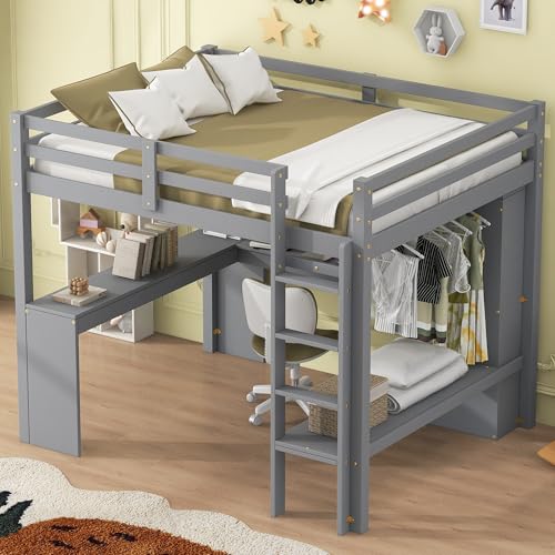 Grey Wood Full Size Loft Bed Frame with Desk, Wardrobe and Shelves Q49243