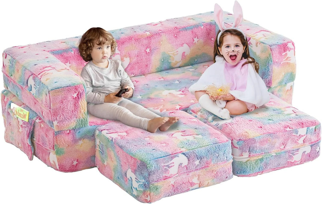 Kids Couch with Two Ottoman, Modular Foldable Loveseat F6149