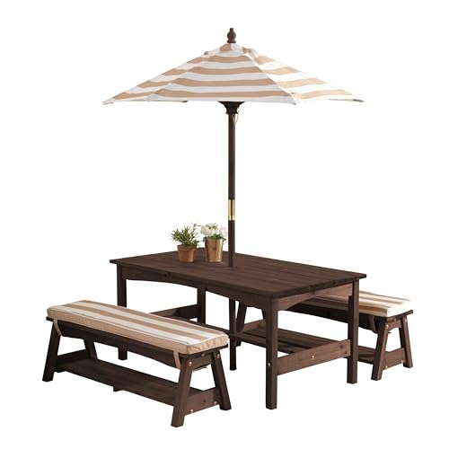 Outdoor Wooden Table & Bench Set with Cushions and Umbrella U68203