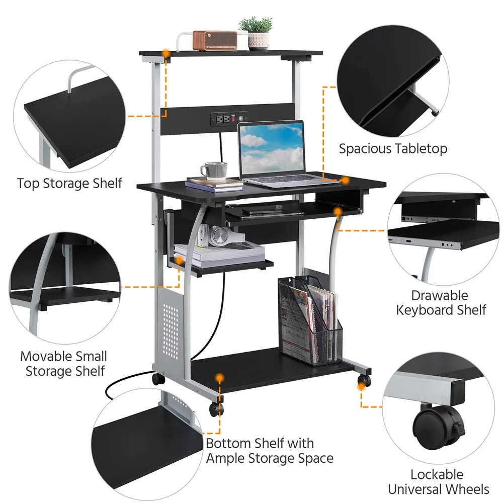 Black 3 Tiers Computer Desk with Outlet Printer Shelf R75979