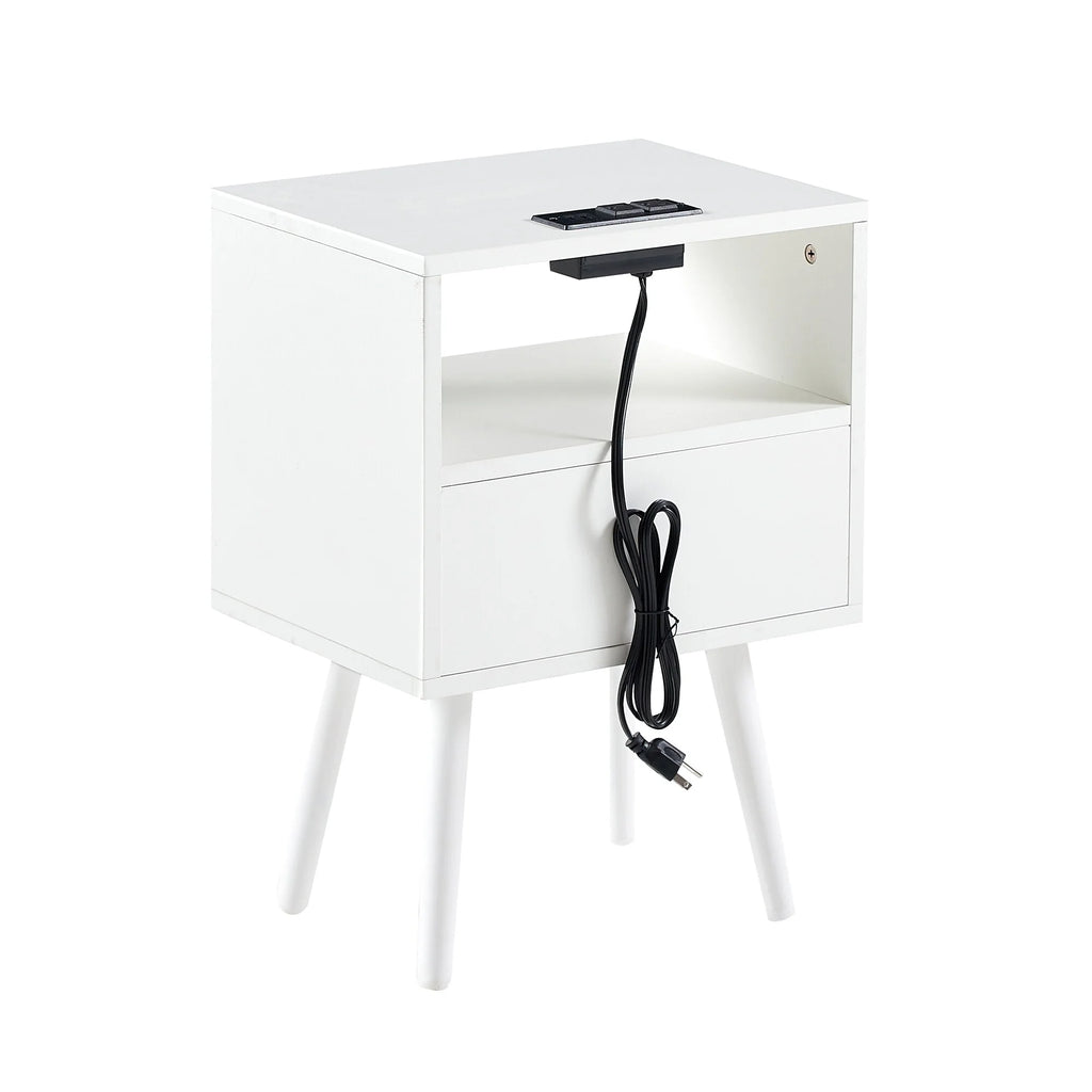 Rattan End Table with Power Outlet & USB Ports White Q189