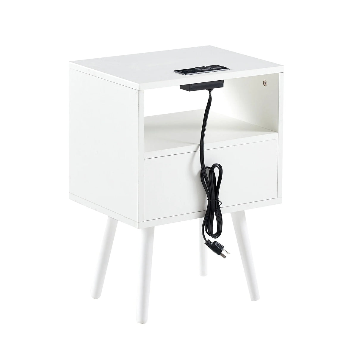 Rattan End Table with Power Outlet & USB Ports White Q189