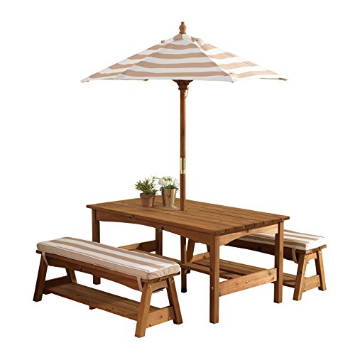 Outdoor Wooden Table & Bench Set with Cushions and Umbrella U68203