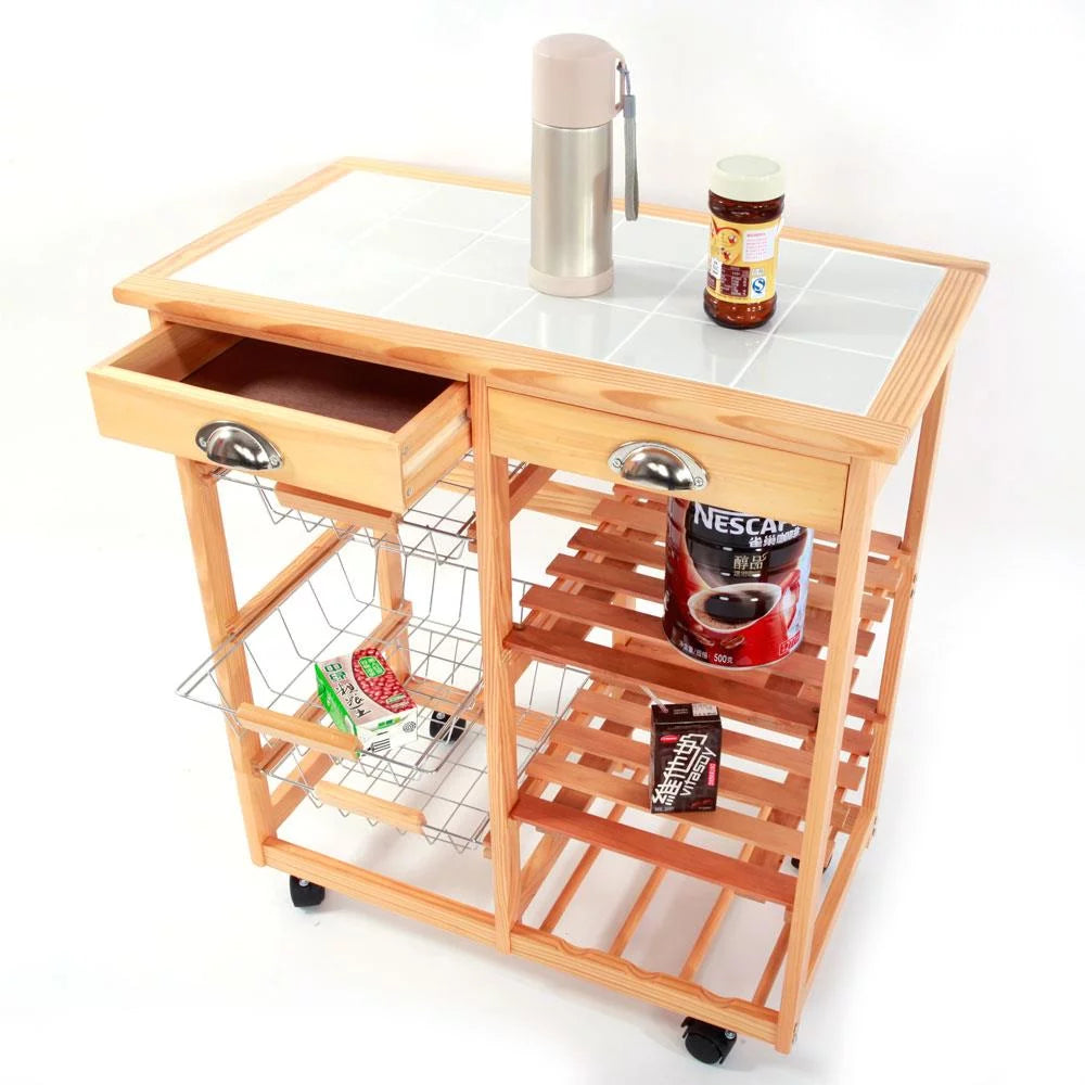 Rolling Wood Kitchen Cart with Drawers W99239
