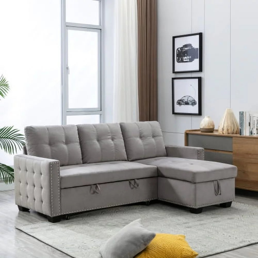 Light Grey Velvet Reversible Sleeper Sofa Bed Z7930