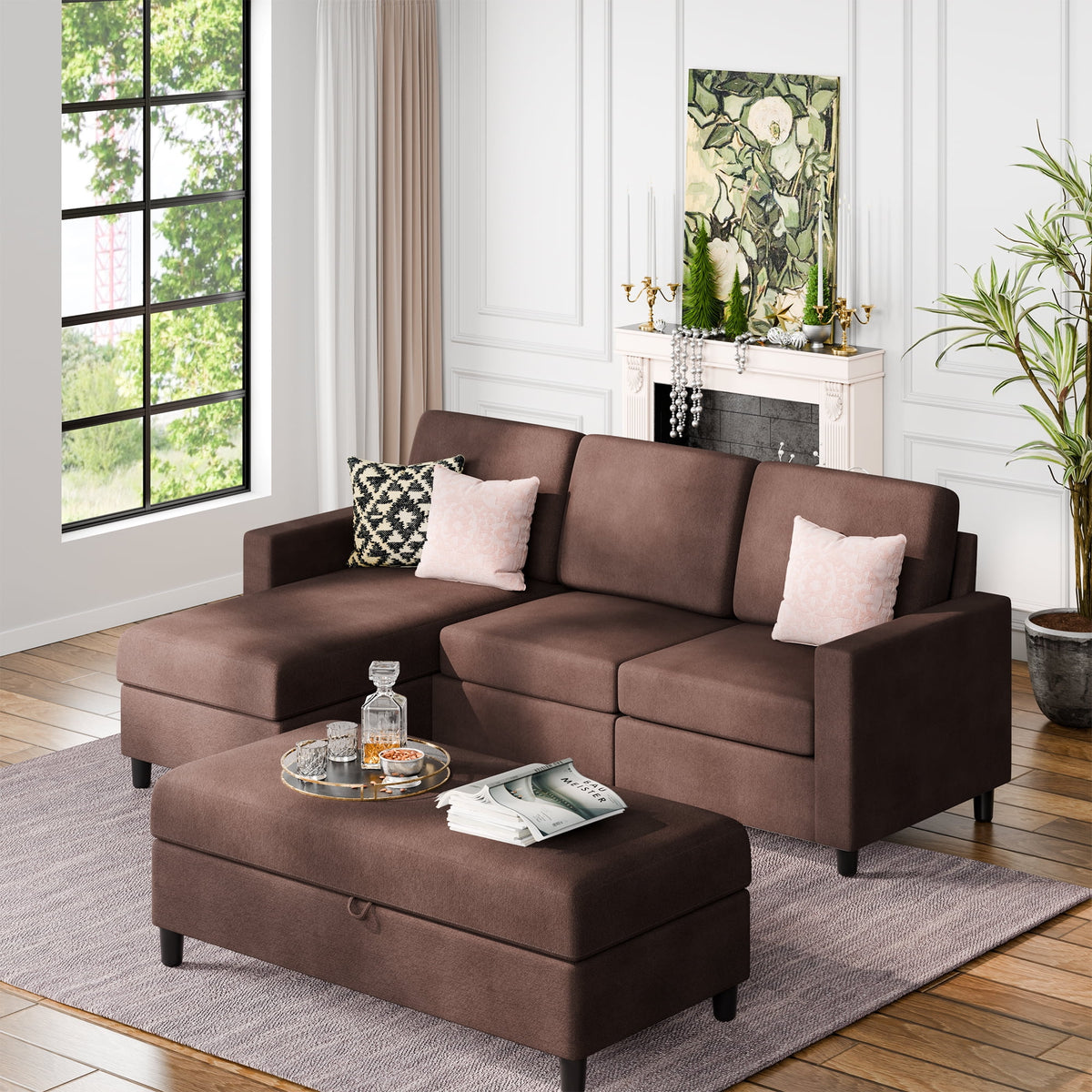 L Shaped 4 Seat Sectional Sofa with Storage Ottoman P3590