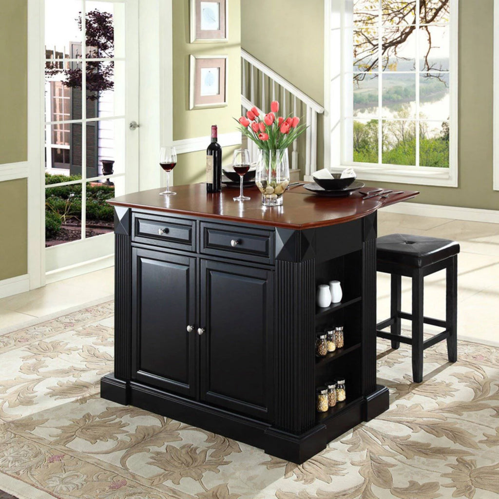 Drop Leaf Kitchen Island with Upholstered Square Seat Stools S951