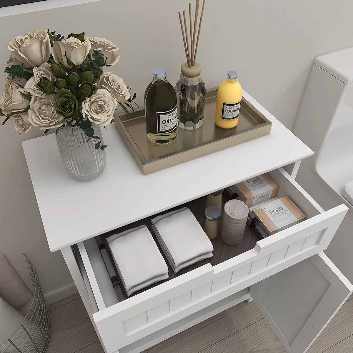 White 2 Door 1 Drawer Wood Bathroom Floor Cabinet K260