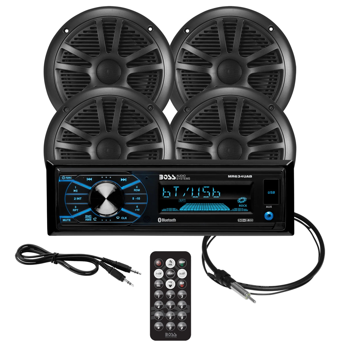 Single Din Bluetooth Marine Stereo with 6.5 Inch Speakers and Antenna Q15346