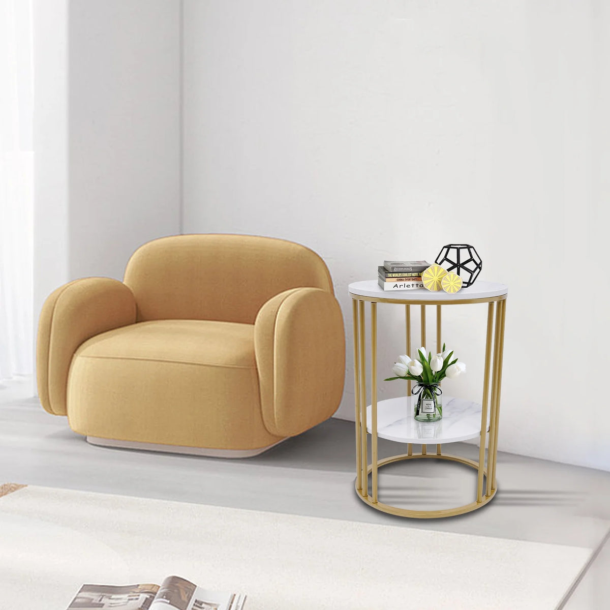 Round Marble 2 Tier Gold Metal Accent Table X197