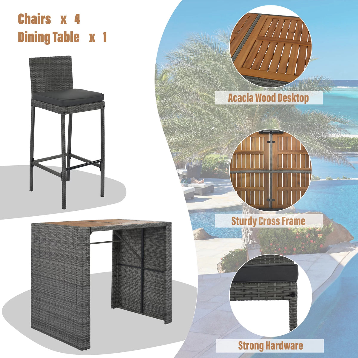 5 Pcs Gray Wicker Patio Bar Dining Table Set U8636