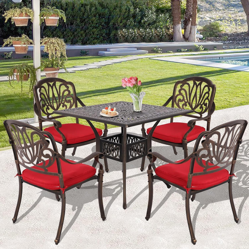 5 Piece Cast Aluminum Patio Dining Set with Red Cushion S78521