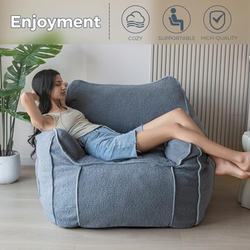 Beige Large Fluffy Bean Bag Chair with Armrest V68222