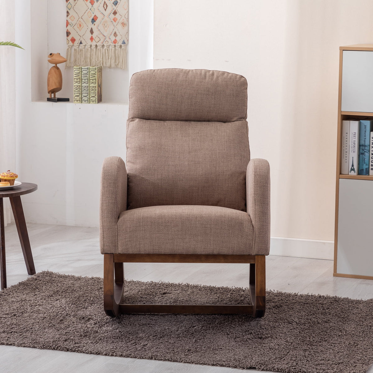 Camel Upholstered Rocking Chair with Side Pocket D6002