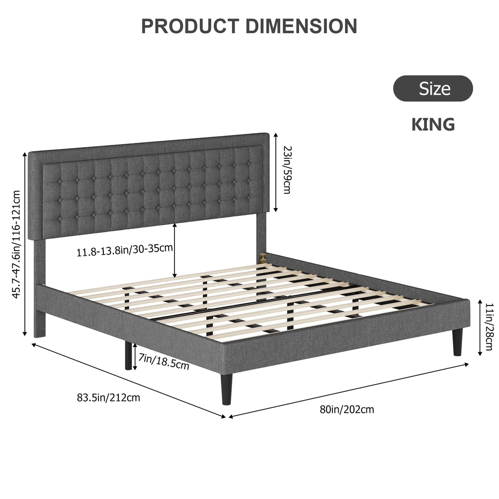 King Size Gray Linen Fabric Upholstered Bed Frame X259