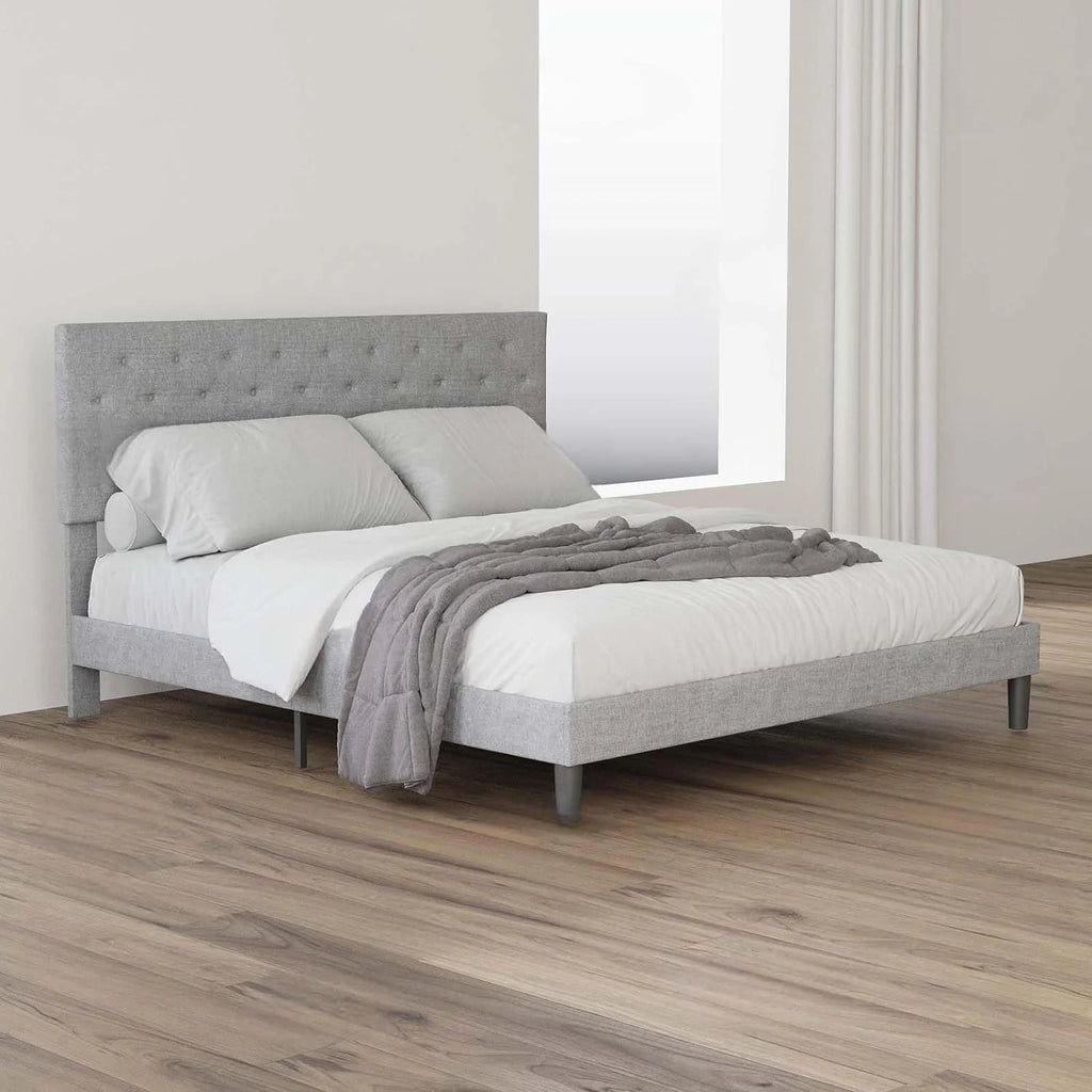 Full Size Upholstered Platform Bed Frame with Linen Adjustable Headboard J34458