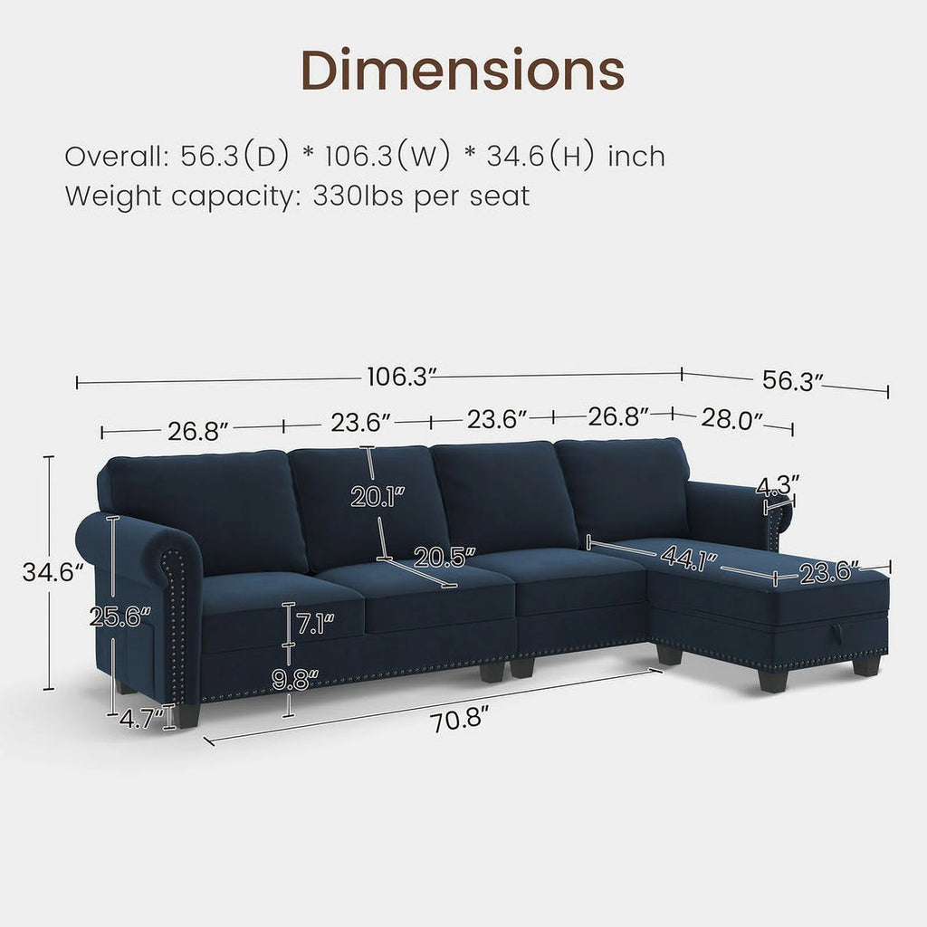 Black Velvet Sectional Sofa with Storage Ottoman and Reversible Chaise I179163