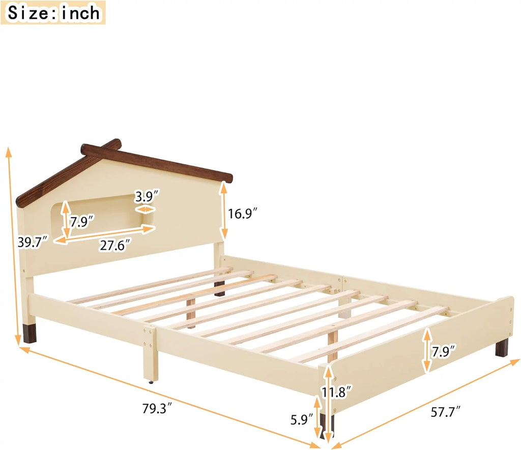 Full Size Wood Platform Bed with House-Shaped Headboard and Night Lights N9093
