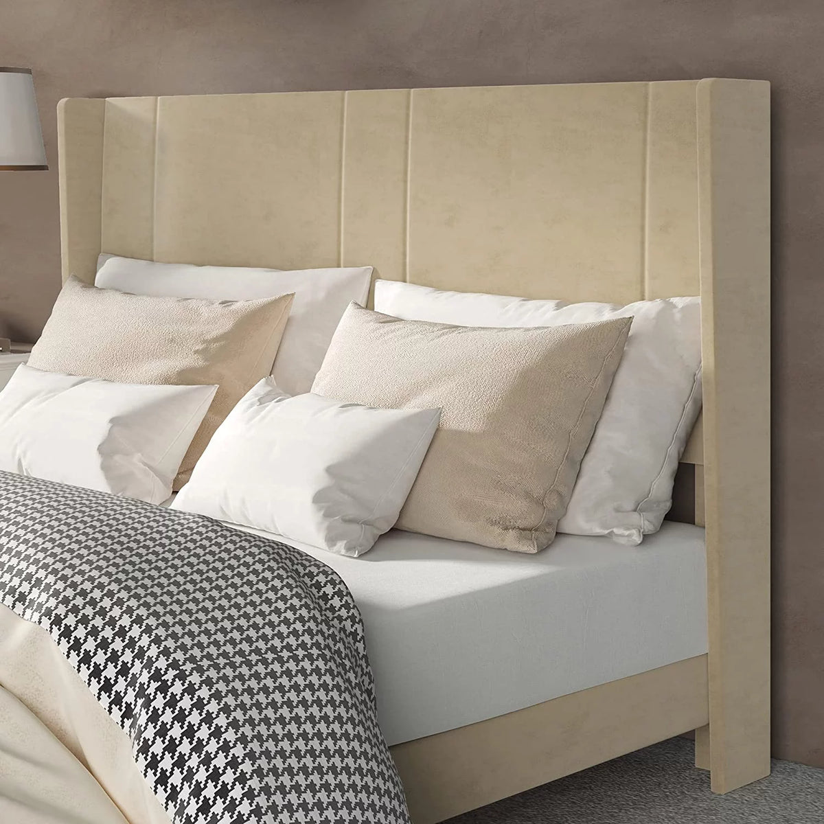 Beige Velvet Upholstered Queen Size Platform Bed Frame H524