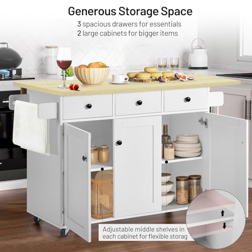 White Mobile Kitchen Island Cart with Drop Leaf X2656