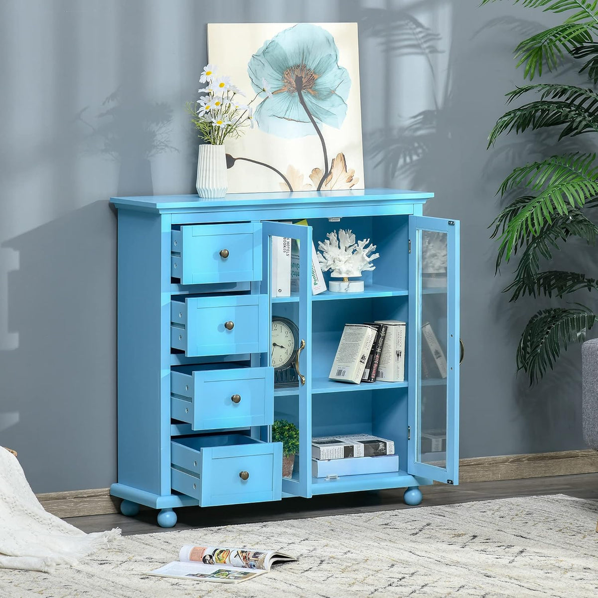 Storage Sideboard Cabinet with 4 Drawers and Glass Door Cupboard H180439