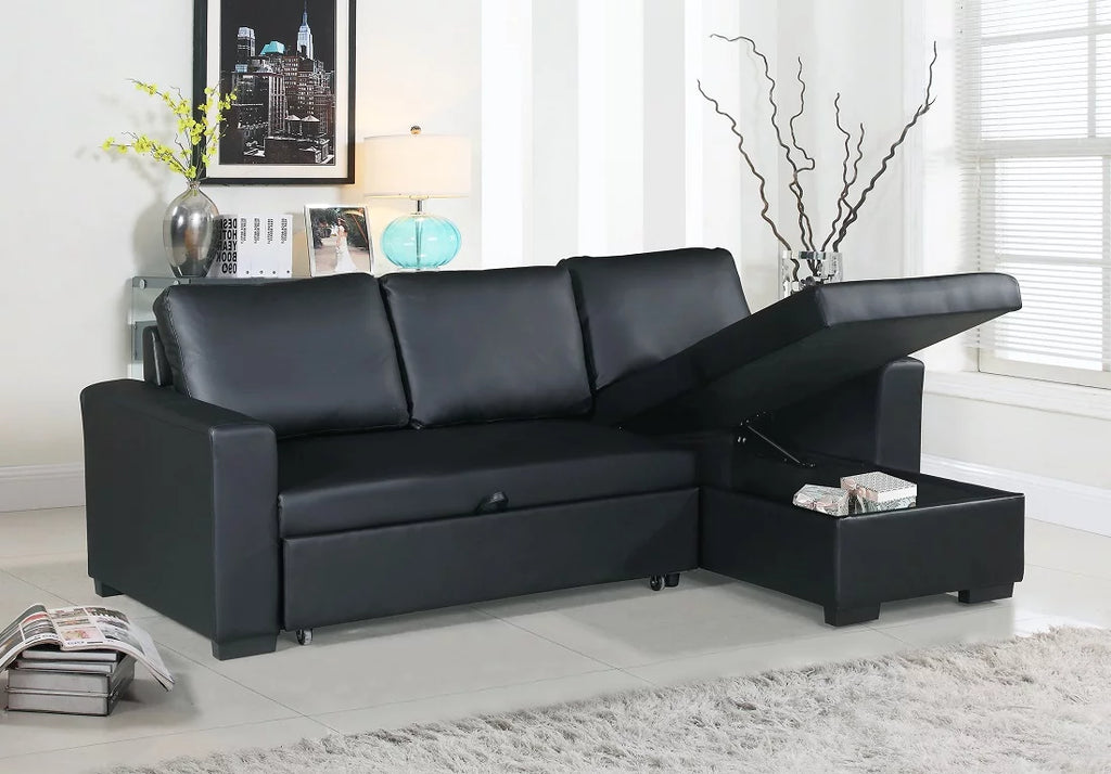 Black Faux Leather Convertible Sectional Sofa with Pull Out Bed C9922
