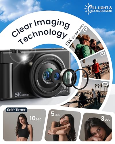 5K Digital Camera 64MP 18X Zoom 3" Flip Screen Dual-Lens Black F782764