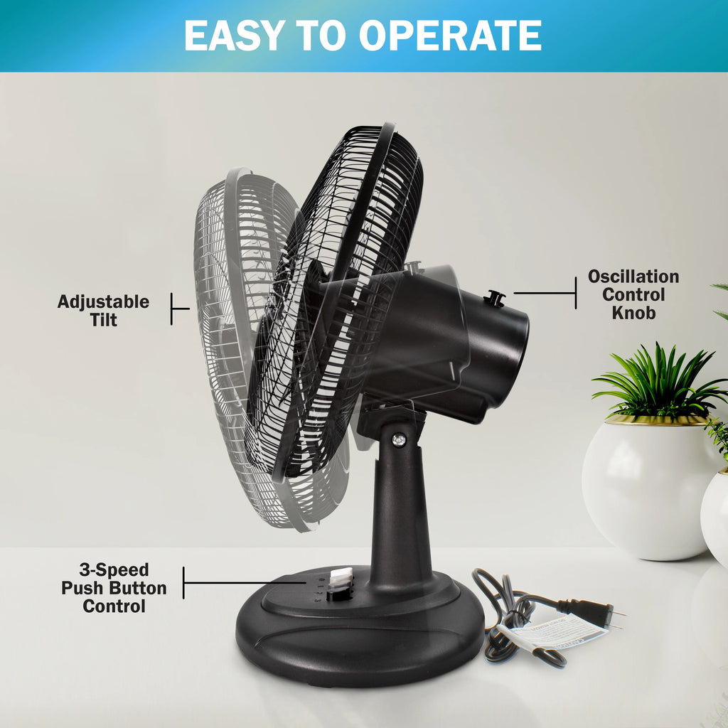 12” 3-Speed Oscillating Table Fan with Adjustable Tilt, Black U954