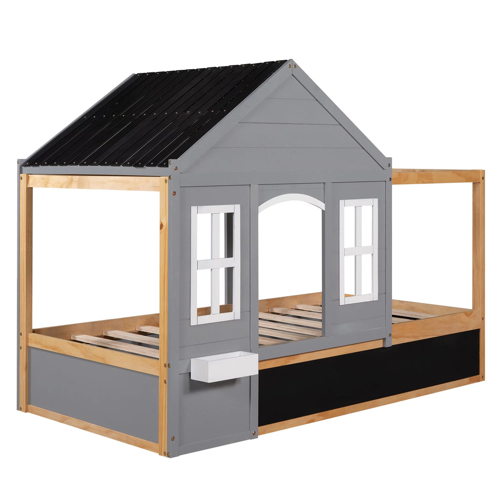 Wood Twin Size House Bed with Roof and Blackboard E94767