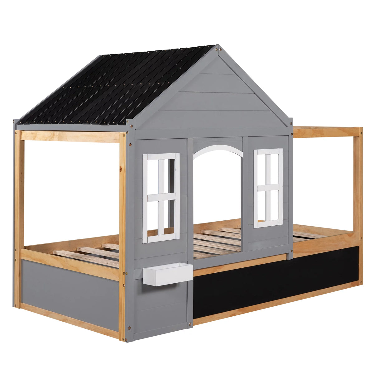 Wood Twin Size House Bed with Roof and Blackboard E94767