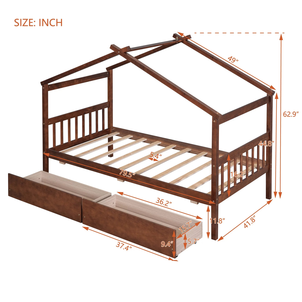 Wood Twin Size House Shaped Canopy Bed with Storage Drawers D625113