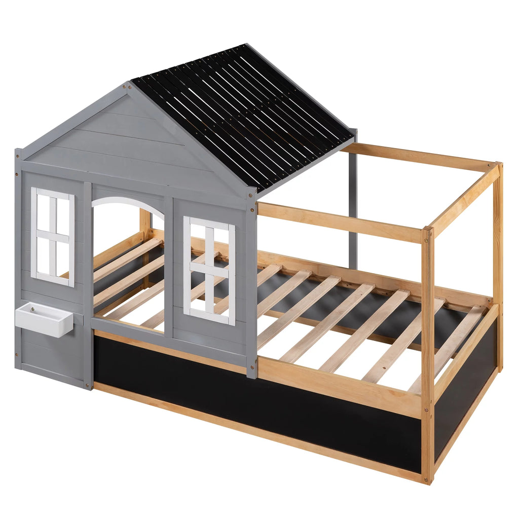 Wood Twin Size House Bed with Roof and Blackboard E94767