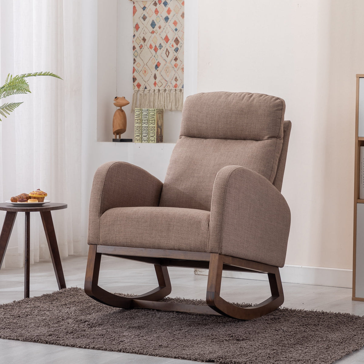 Camel Upholstered Rocking Chair with Side Pocket D6002
