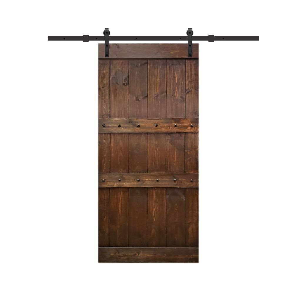 Brown Stained Solid Pine Wood Interior Sliding Barn Door with Hardware Kit X790