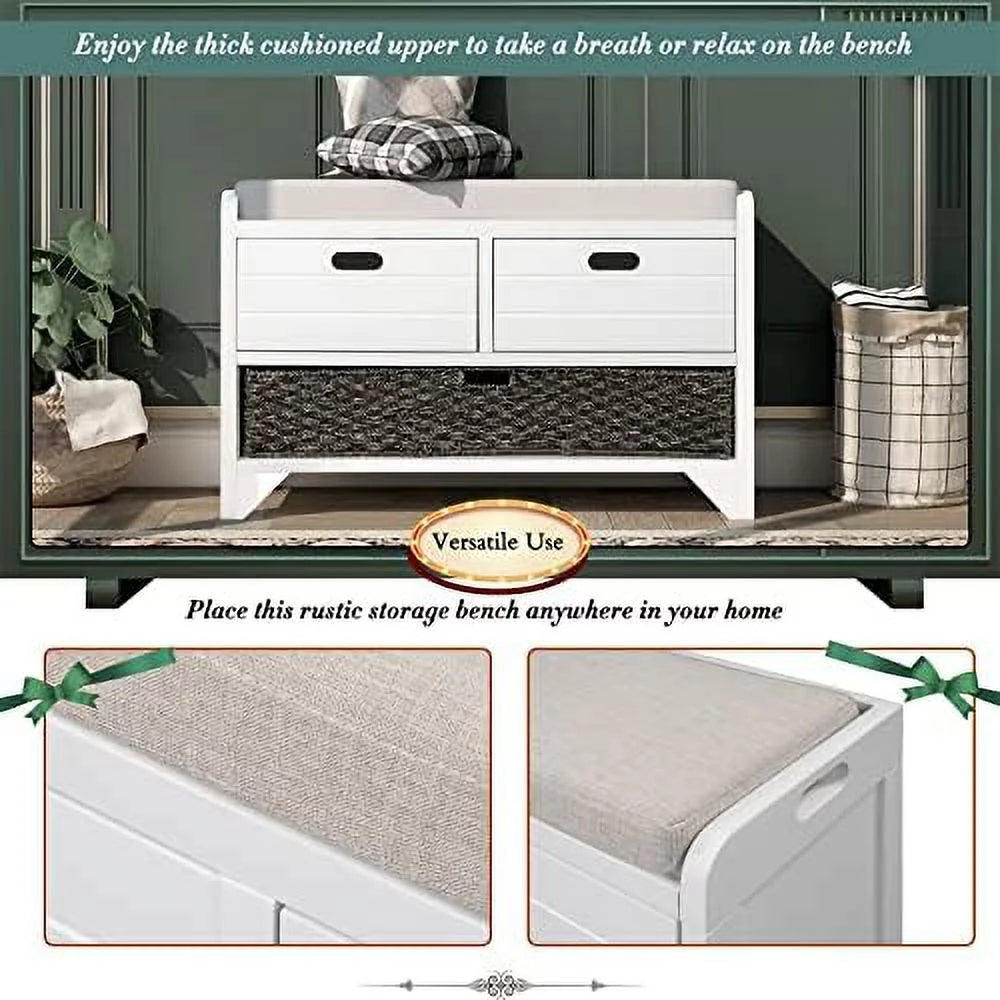 White Wooden Entryway Bench with Cushion 2 Drawers M595990