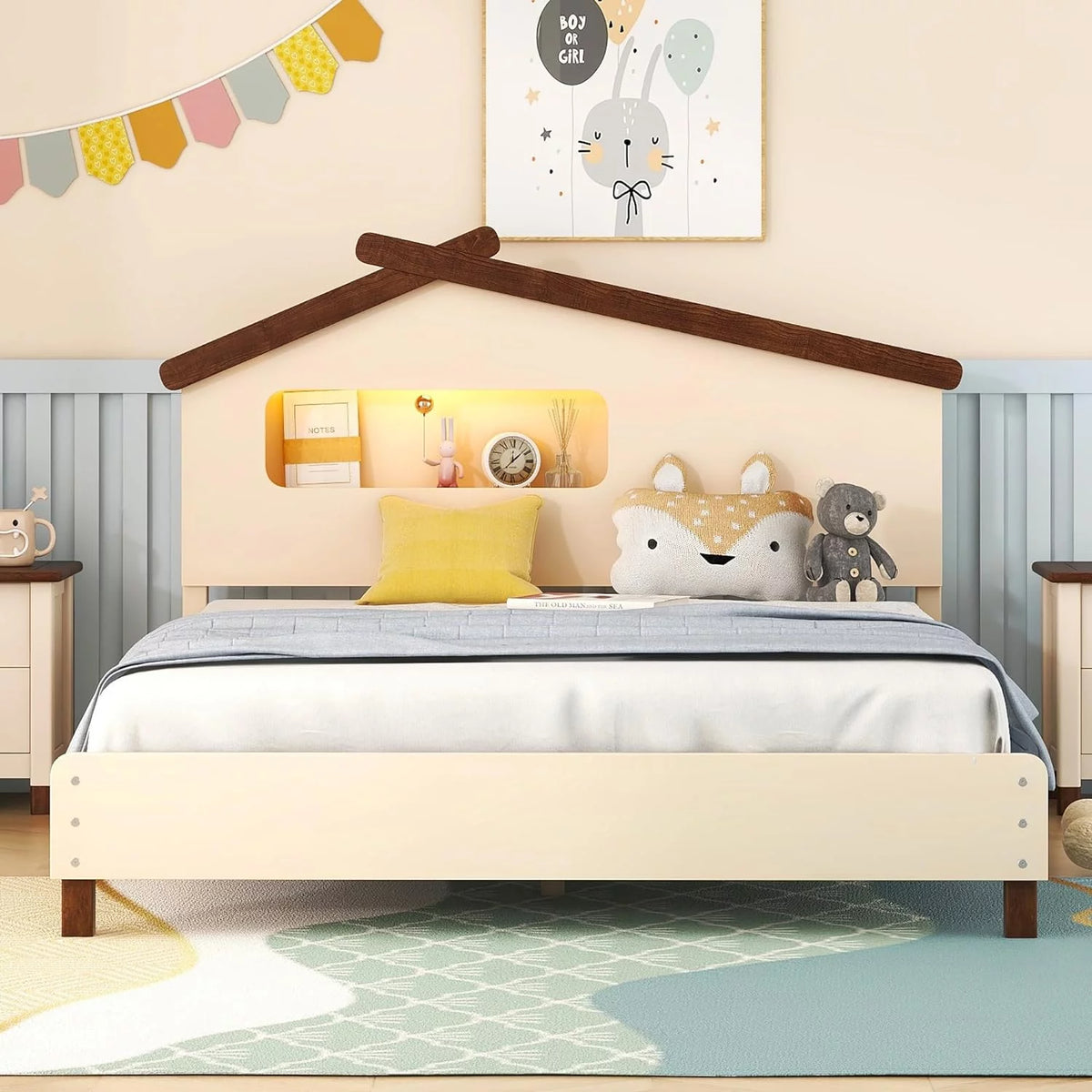 Full Size Wood Platform Bed with House-Shaped Headboard and Night Lights N9093