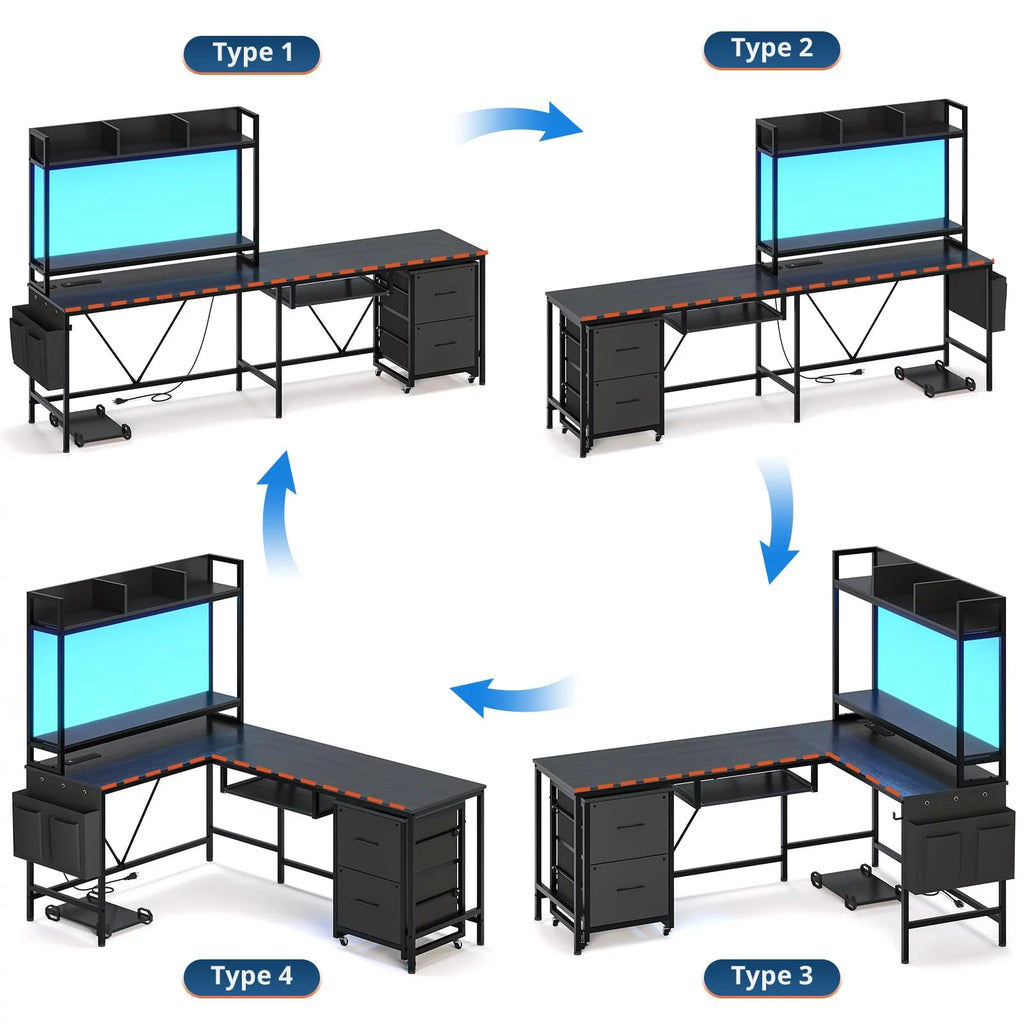 L Shaped Computer Desk with Power Outlet and LED Strip, Black R47365