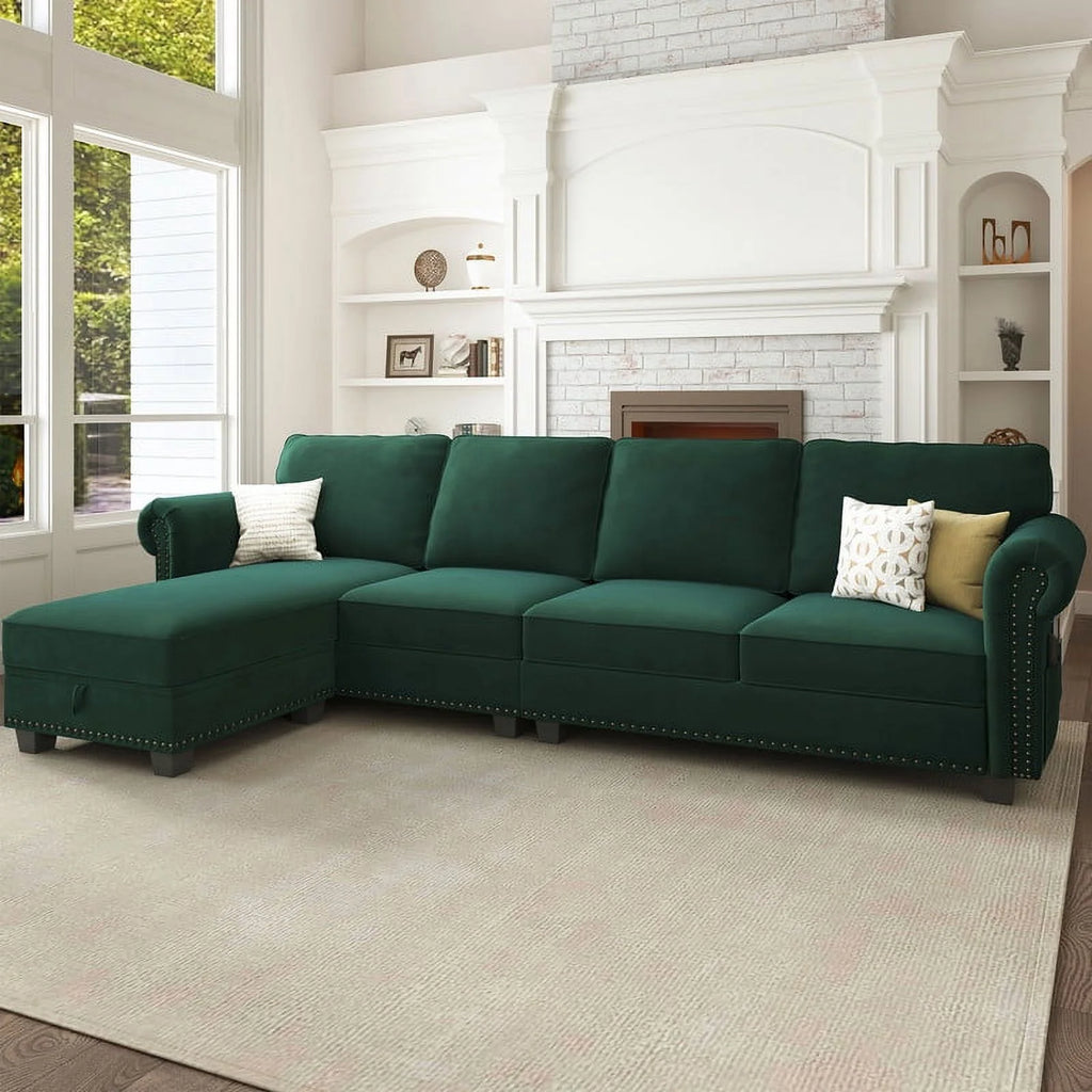Black Velvet Sectional Sofa with Storage Ottoman and Reversible Chaise I179163