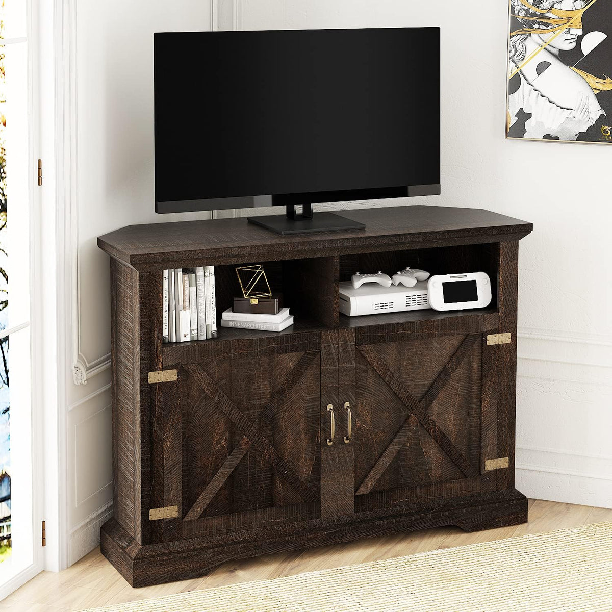 44'' Farmhouse Corner TV Stand with Double Doors & Adjustable Shelves H4715