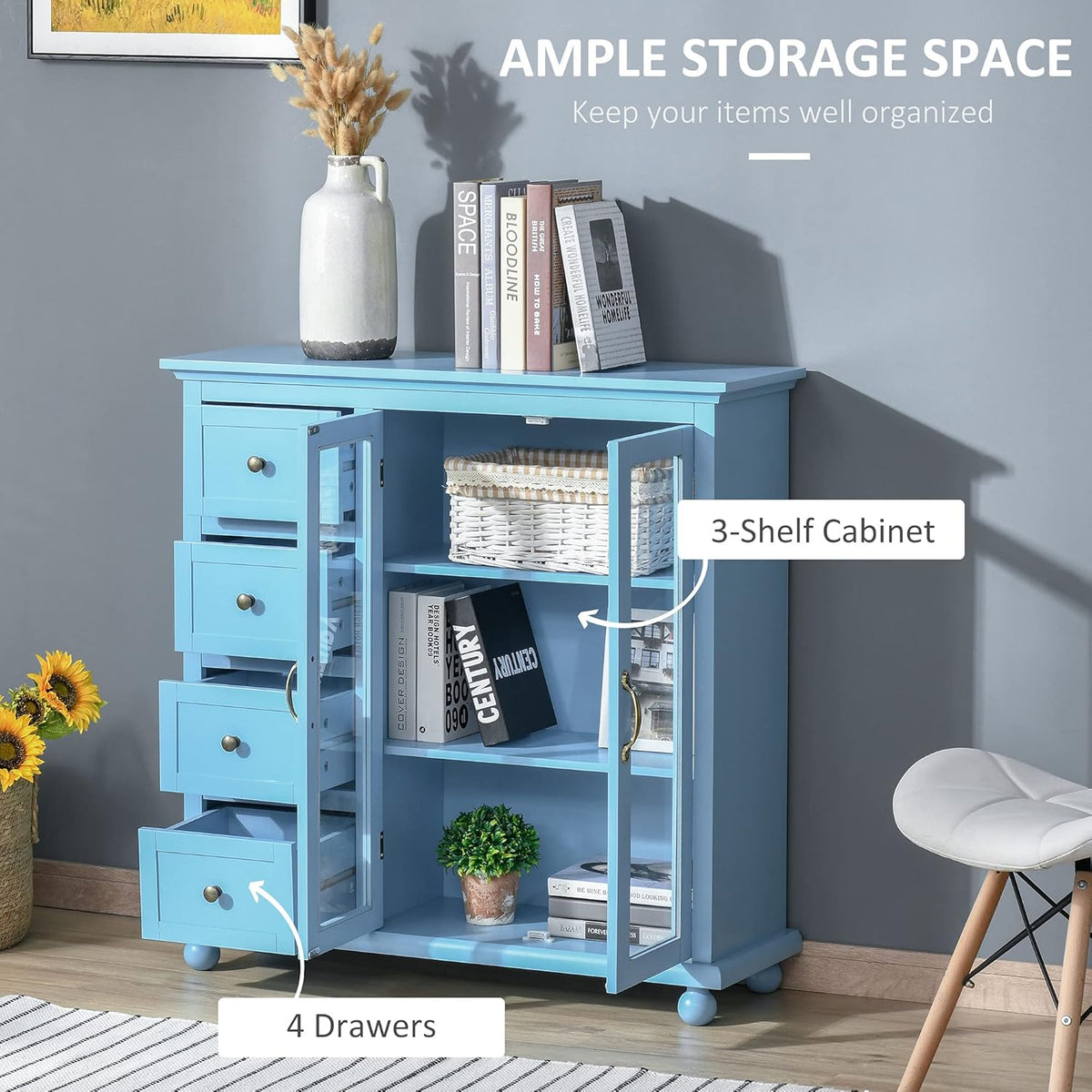 Storage Sideboard Cabinet with 4 Drawers and Glass Door Cupboard H180439